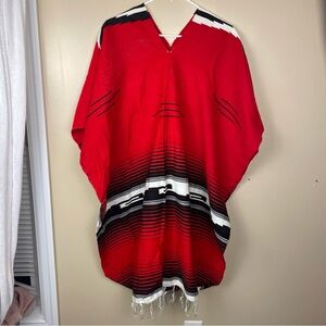 Tribal Serape - Red & Black - Mexican Western Poncho w/Fringe ONE SIZE FITS ALL